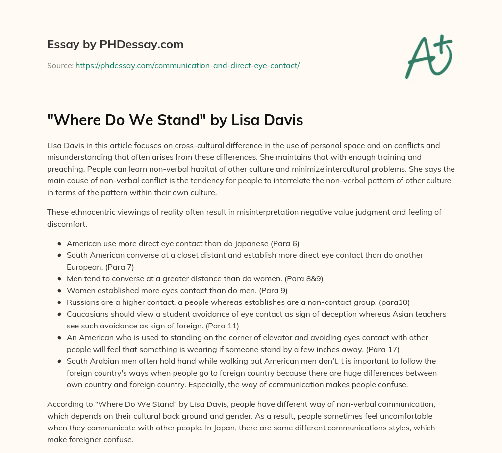 “Where Do We Stand” by Lisa Davis essay
