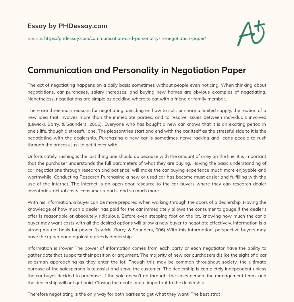 Communication and Personality in Negotiation Paper essay