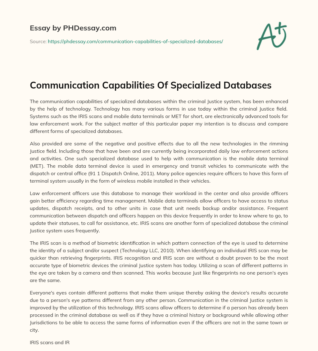 Communication Capabilities Of Specialized Databases essay