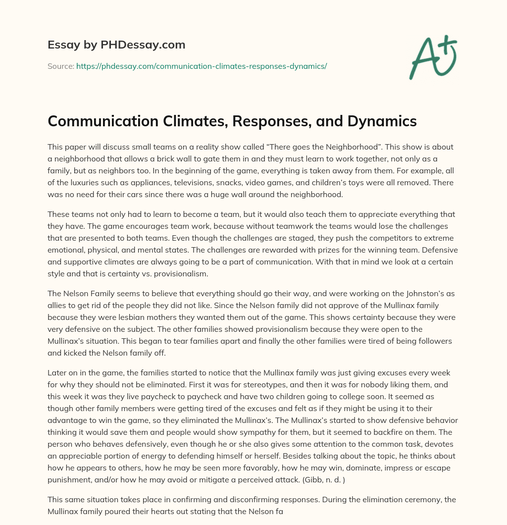 Communication Climates, Responses, and Dynamics essay