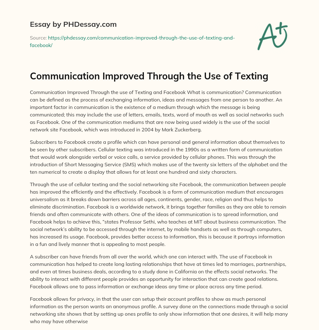 Communication Improved Through the Use of Texting essay