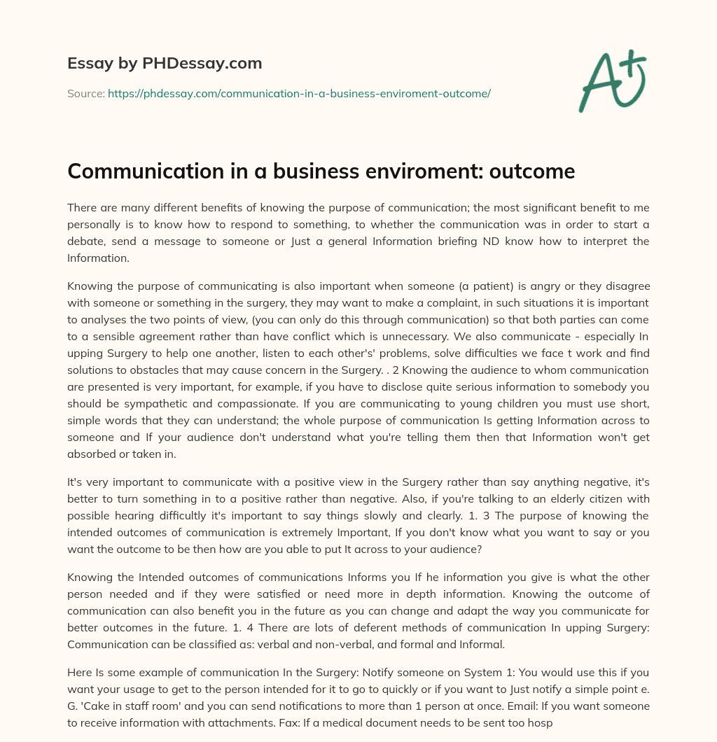 Communication in a business enviroment: outcome essay
