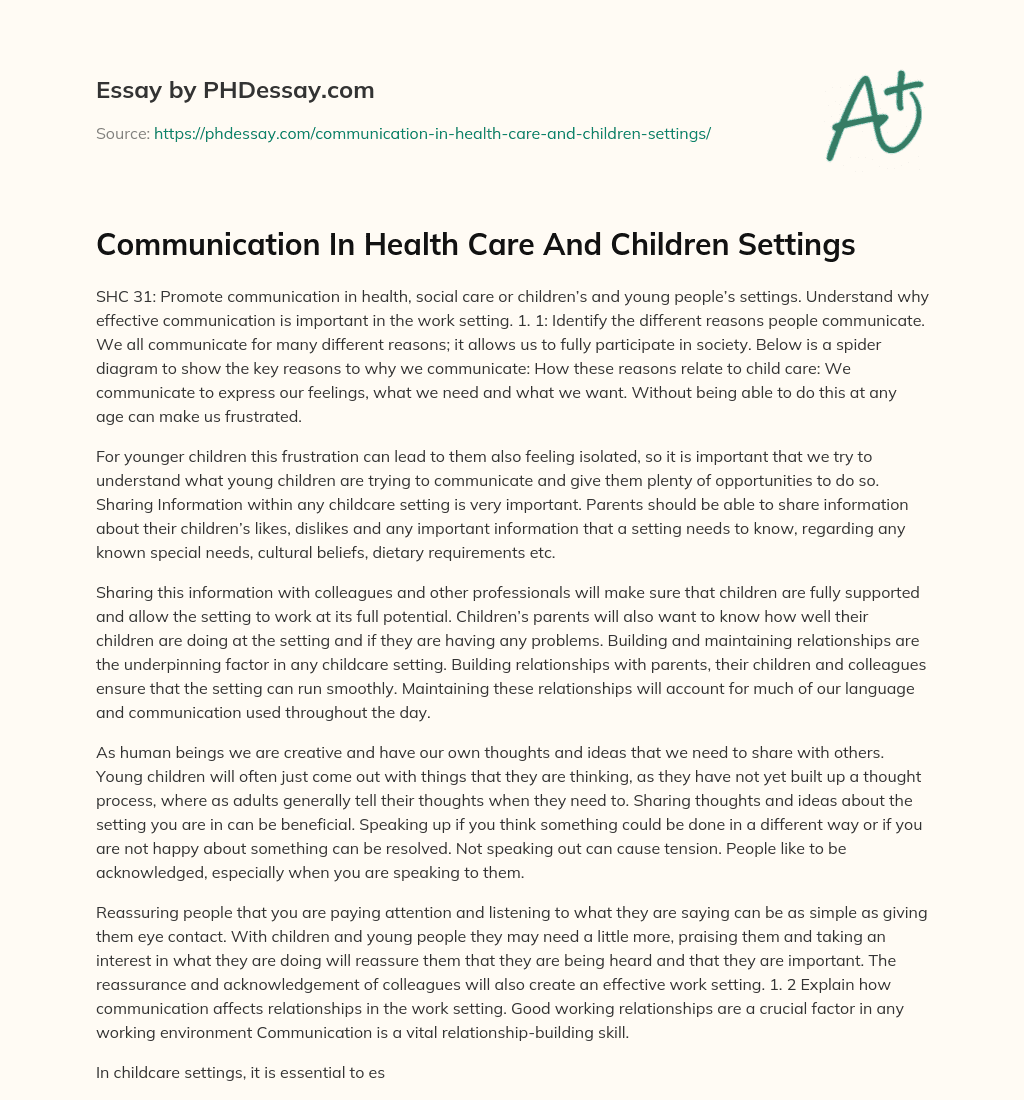 Communication In Health Care And Children Settings essay