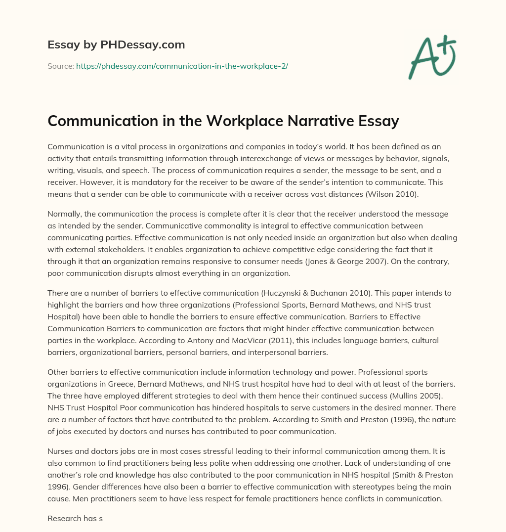 Communication in the Workplace Narrative Essay essay
