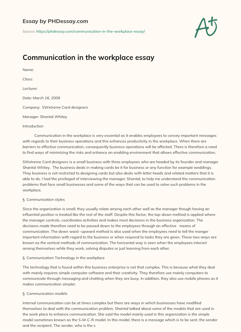 essay about communication in the workplace
