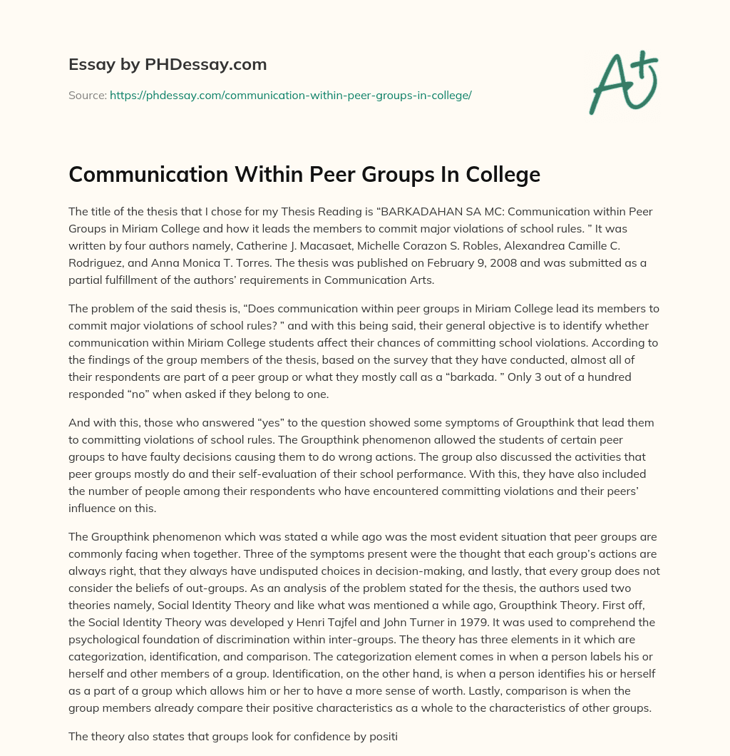 Communication Within Peer Groups In College essay