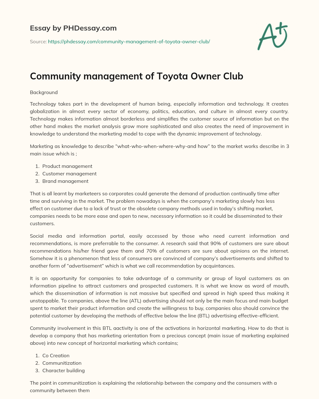 Community management of Toyota Owner Club essay