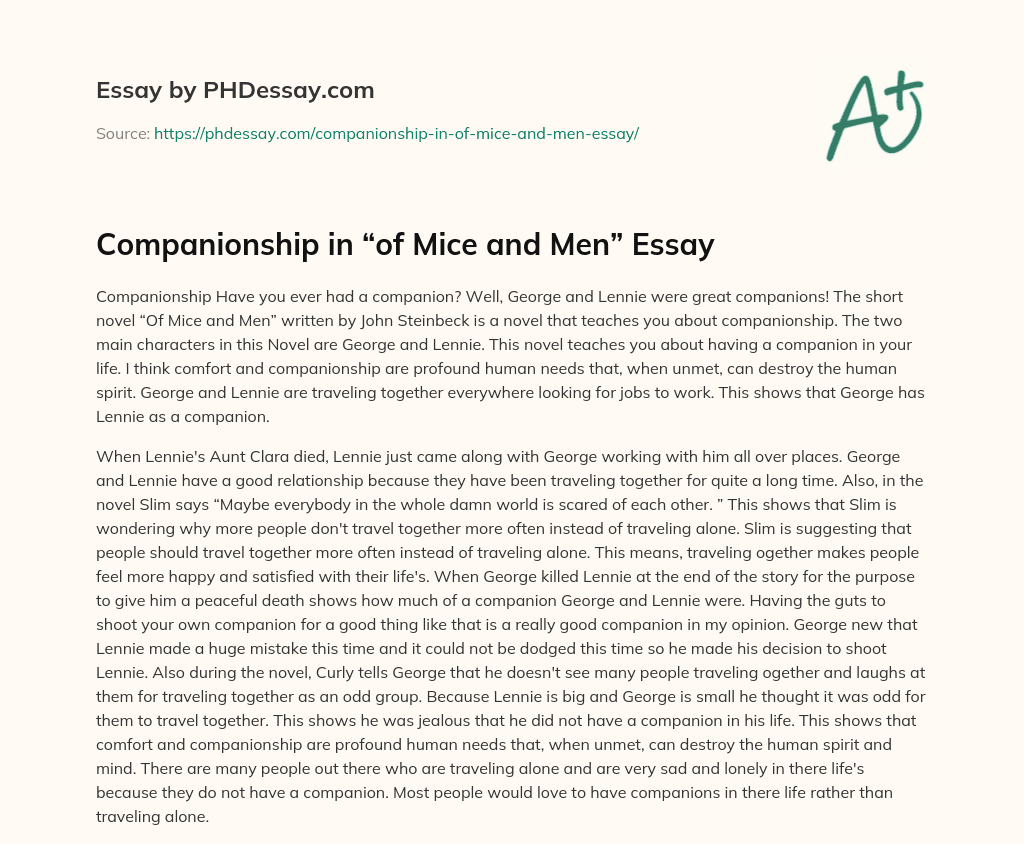 Companionship in “of Mice and Men” Essay essay