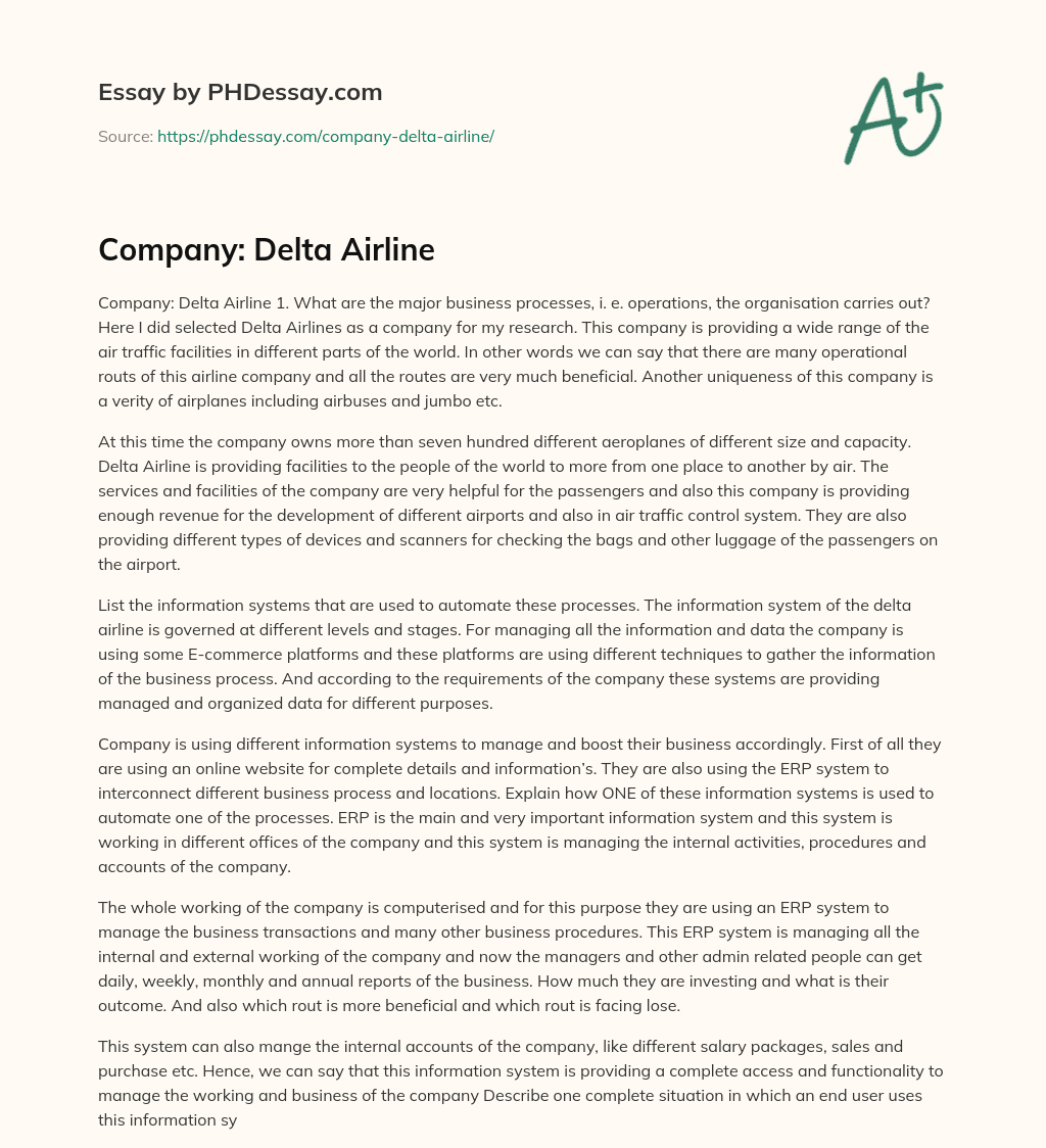 Company: Delta Airline essay