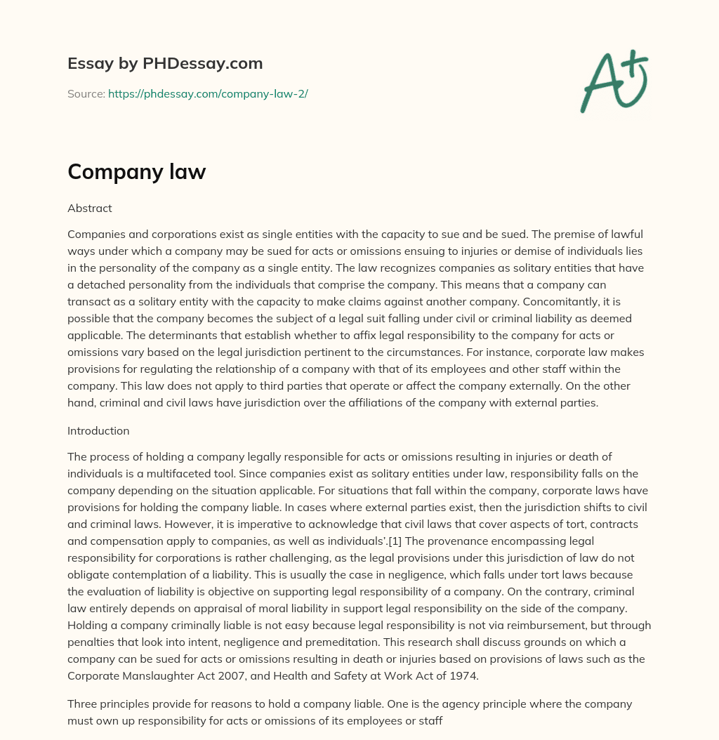 Legal Responsibility of Companies for Acts or Omissions Resulting in Injuries or Death essay