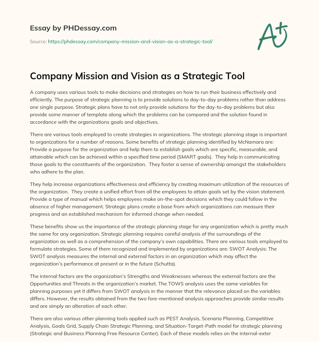 Company Mission and Vision as a Strategic Tool essay