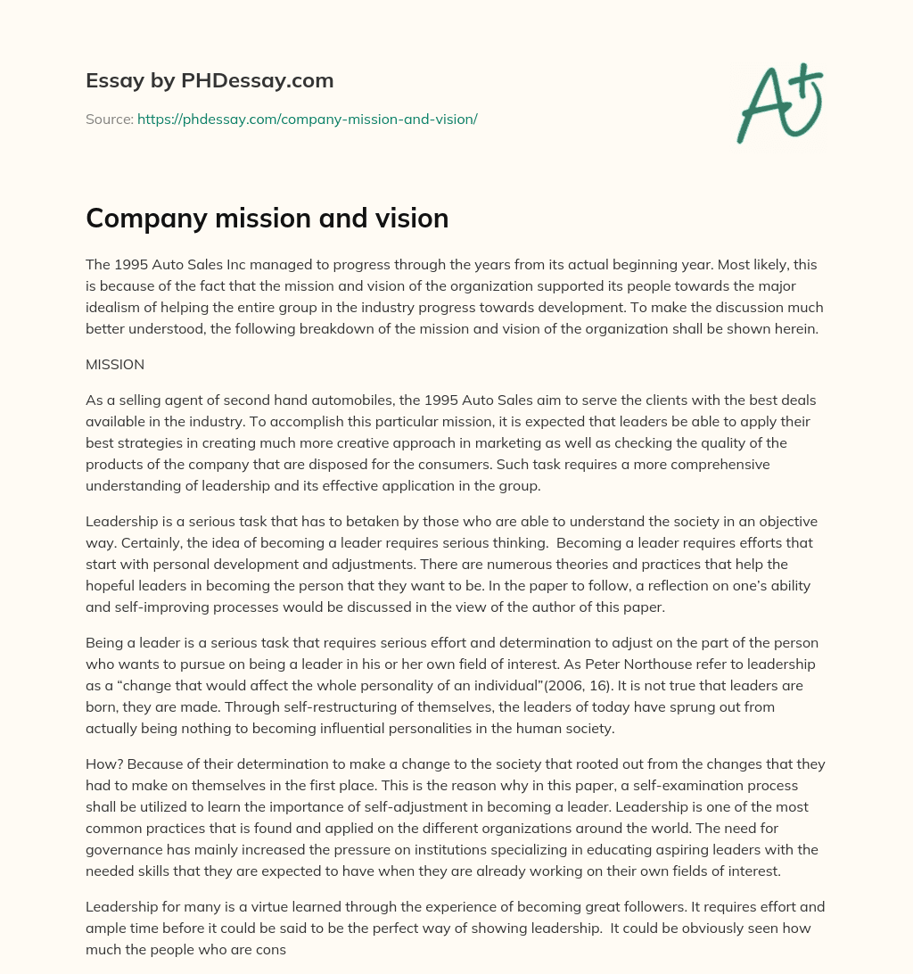 Company mission and vision - PHDessay.com