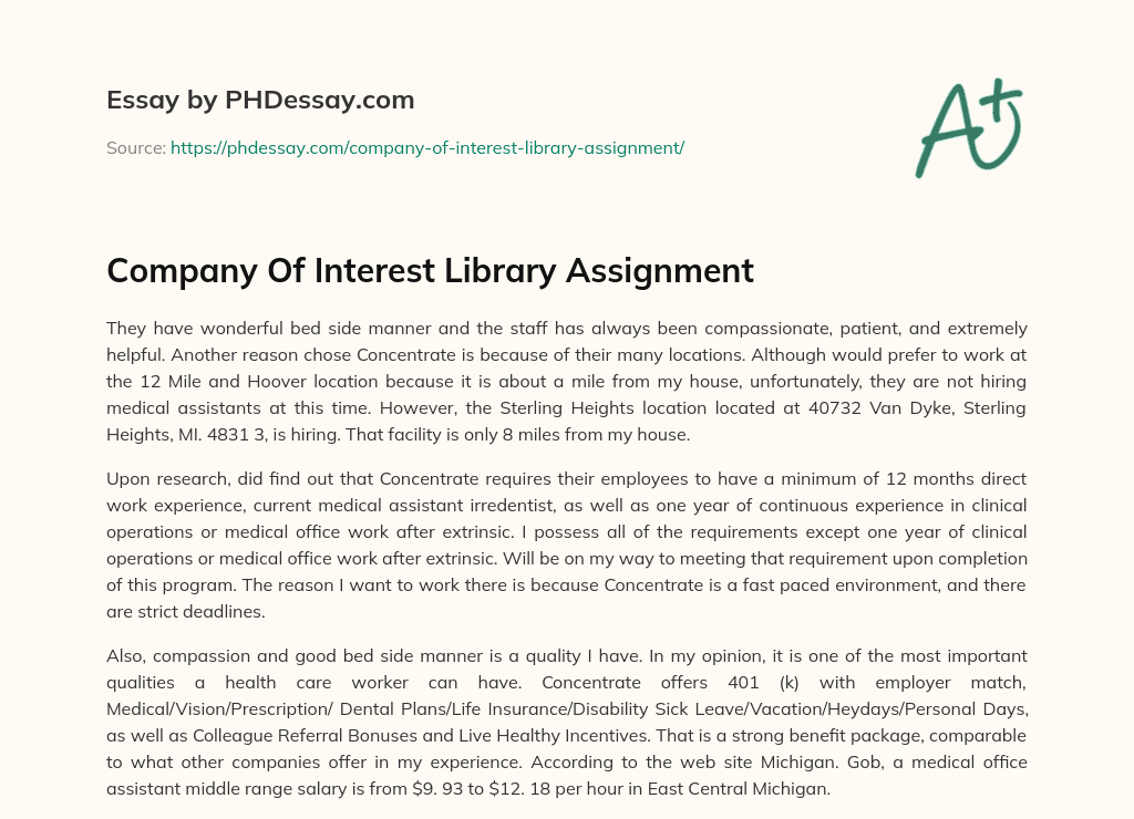Company Of Interest Library Assignment essay
