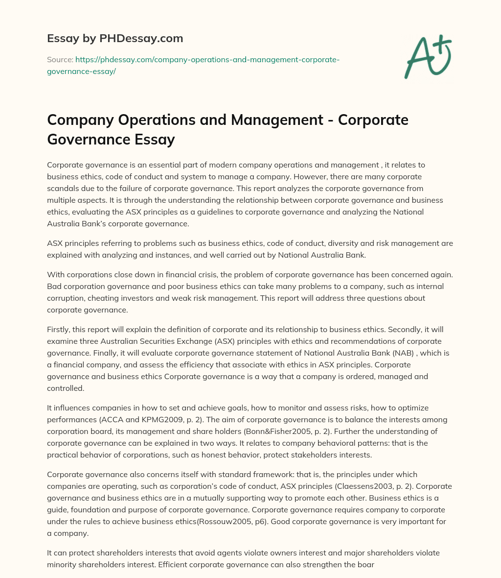 Company Operations and Management – Corporate Governance Essay essay