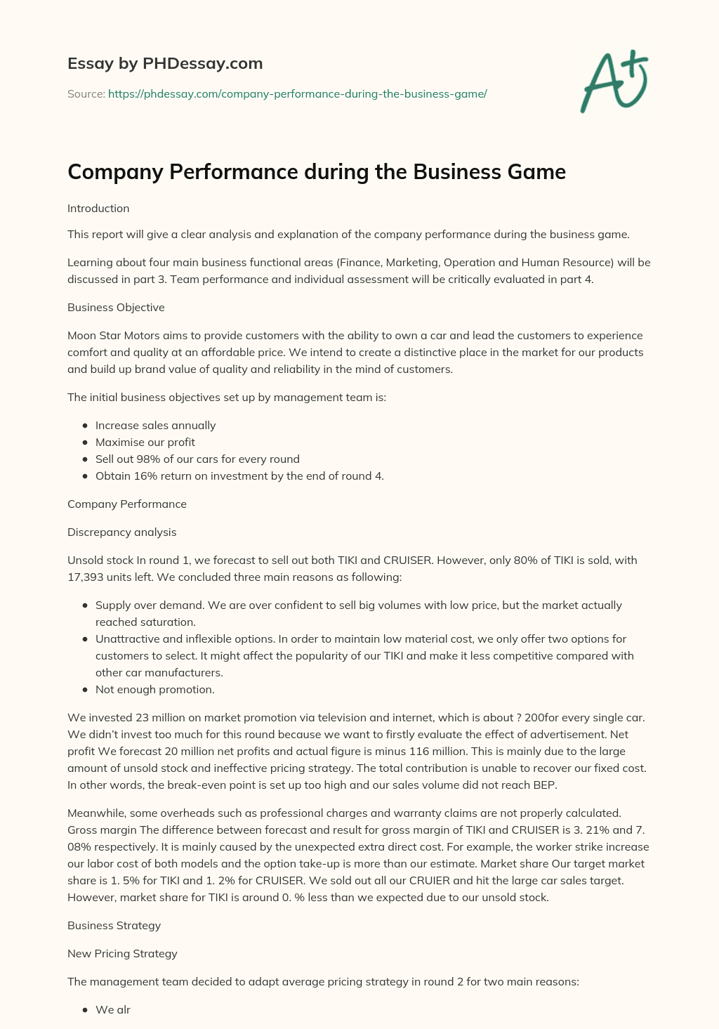 Company Performance during the Business Game essay