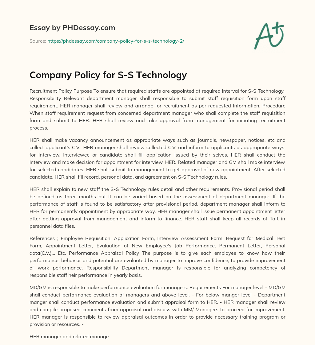 Company Policy for S-S Technology essay