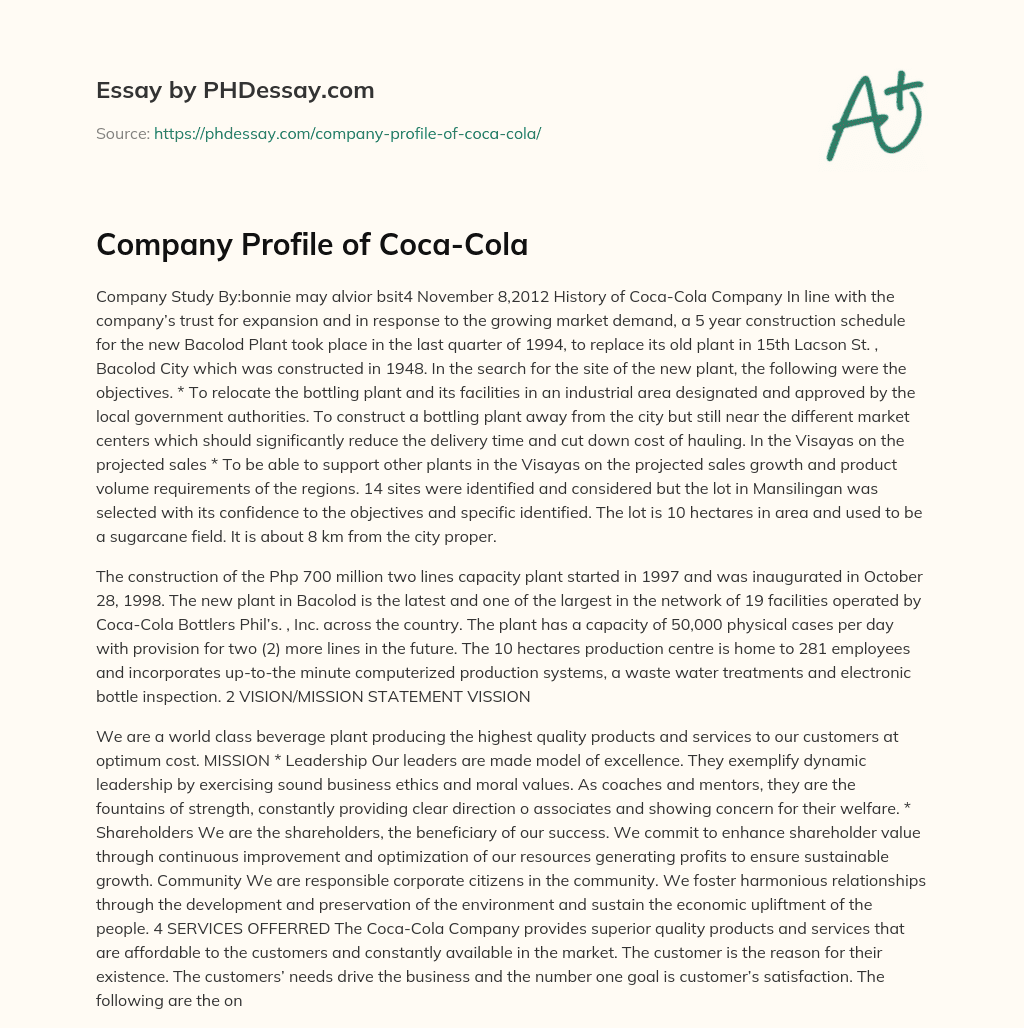 Company Profile of Coca-Cola essay