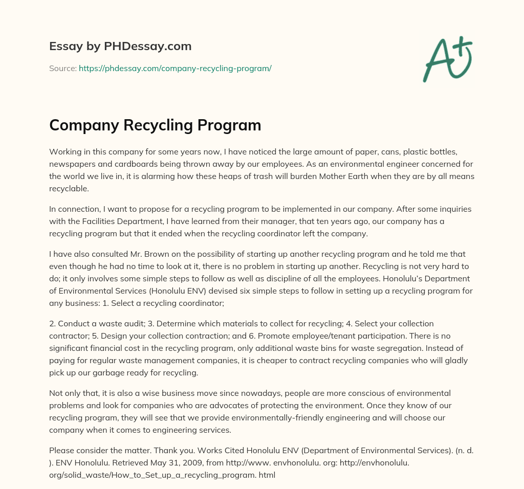 Company Recycling Program essay