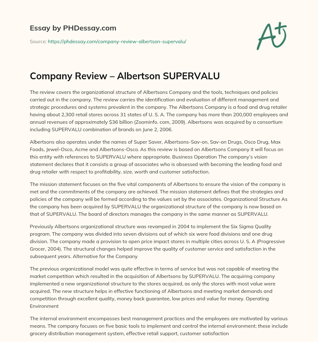Company Review – Albertson SUPERVALU essay