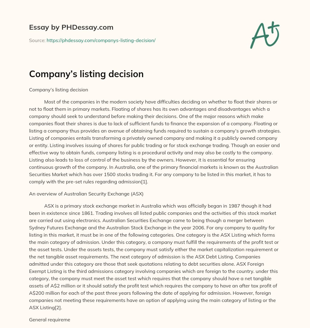 Company’s listing decision essay