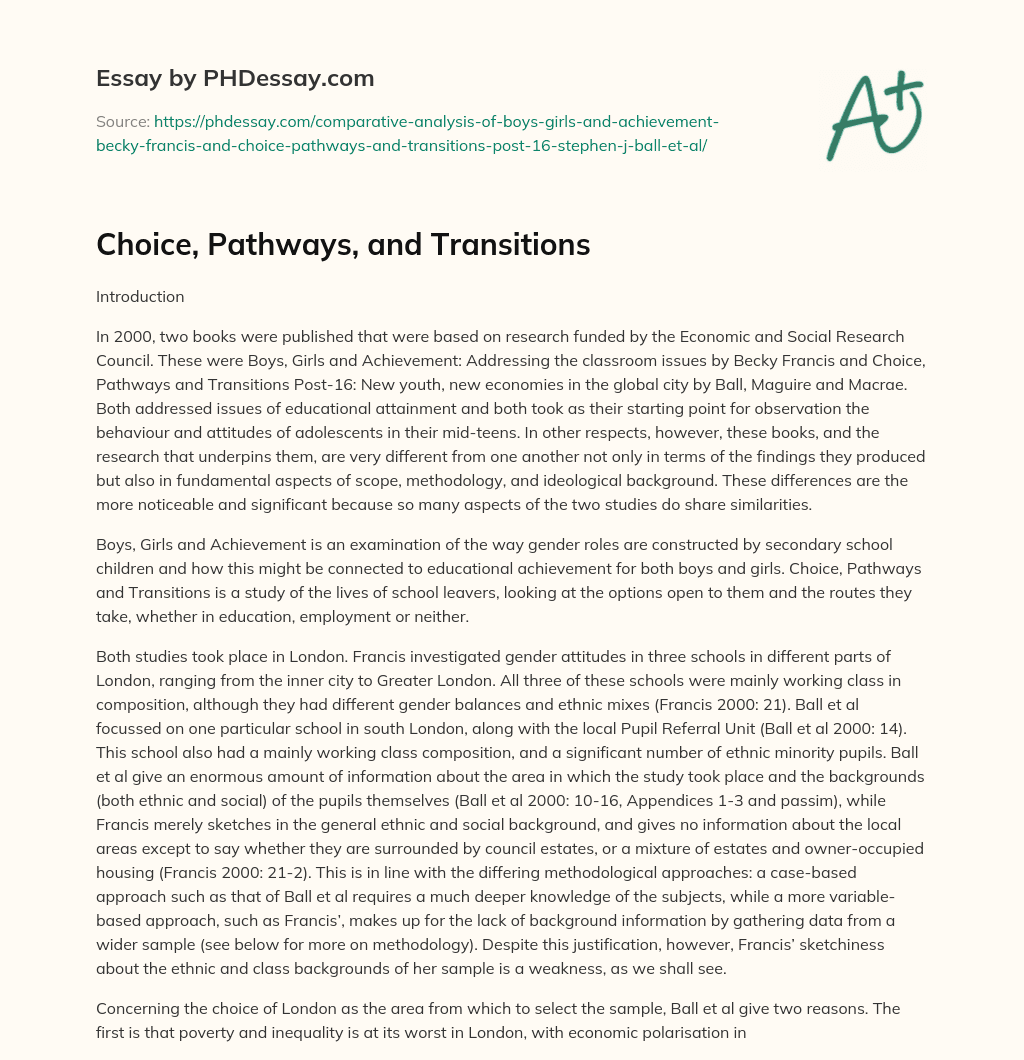 Choice, Pathways, and Transitions essay