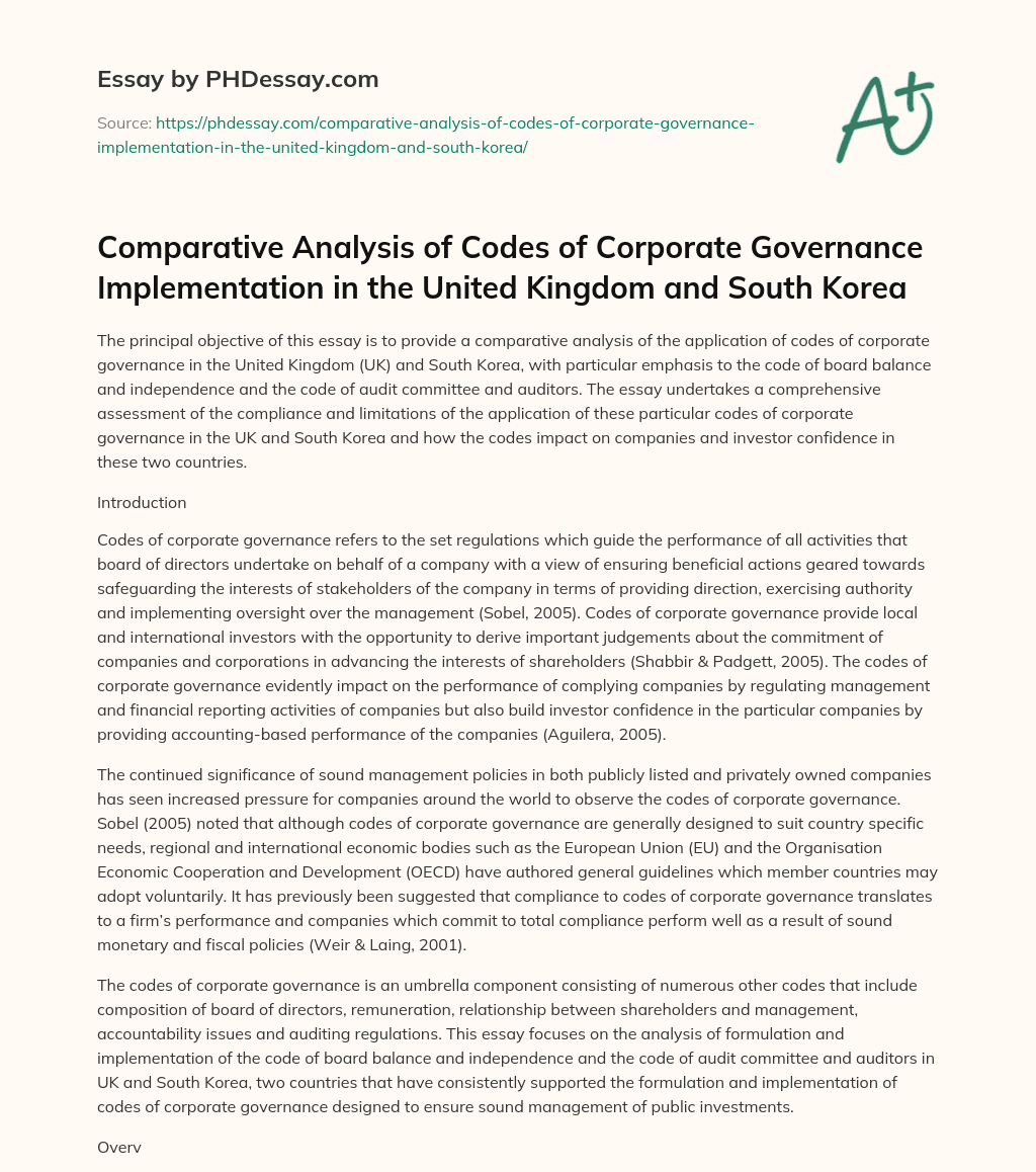 Comparative Analysis of Codes of Corporate Governance Implementation in