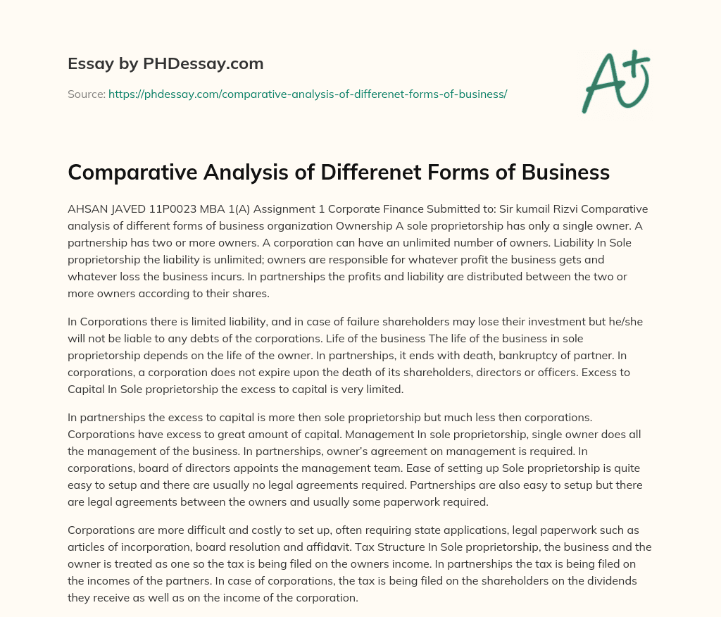 Comparative Analysis of Differenet Forms of Business essay