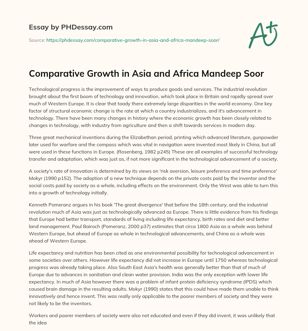 Comparative Growth in Asia and Africa Mandeep Soor essay