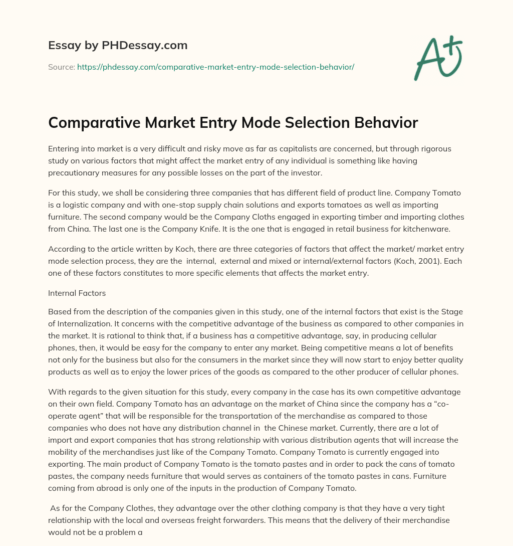 Comparative Market Entry Mode Selection Behavior essay