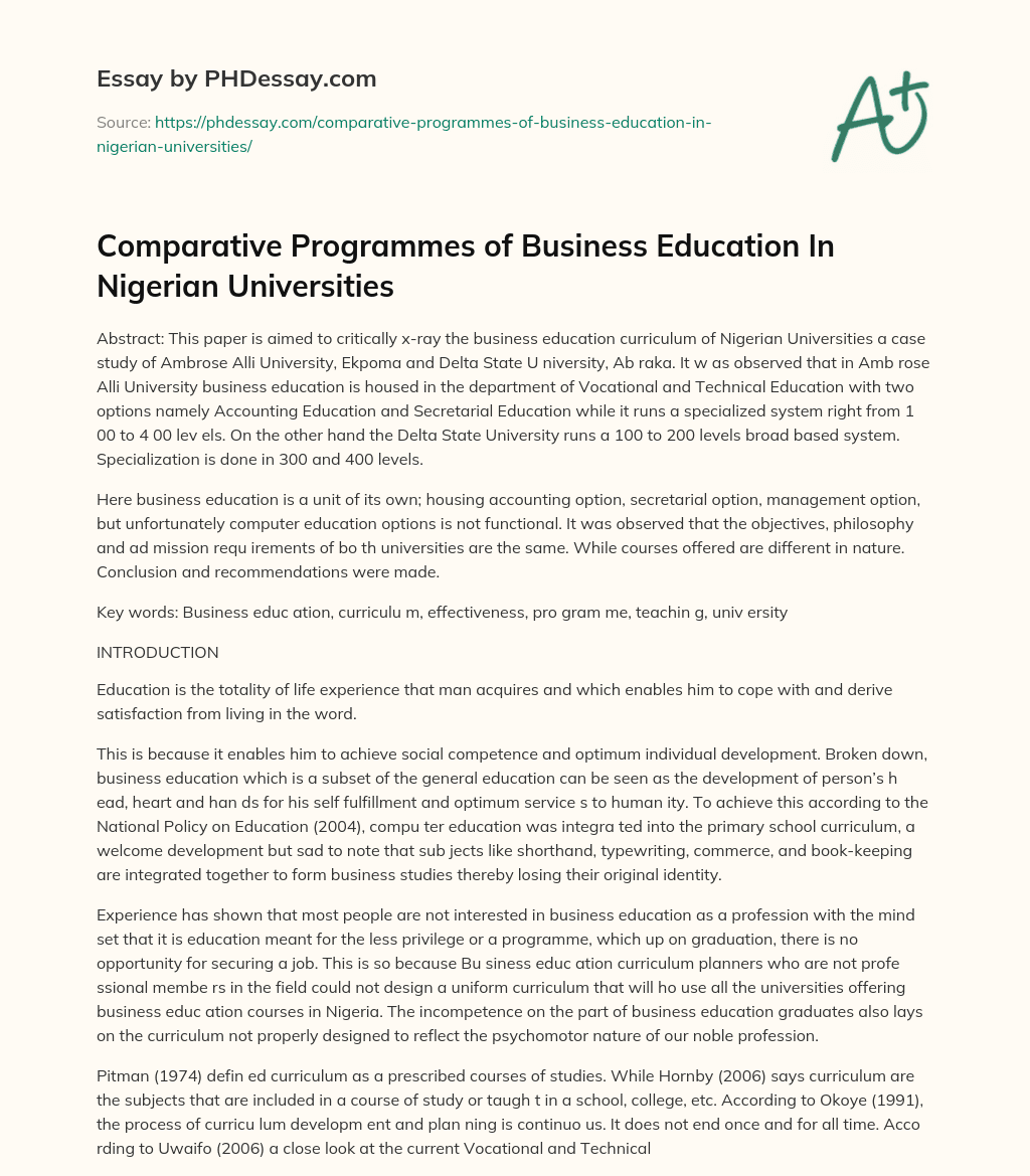 Comparative Programmes of Business Education In Nigerian Universities essay