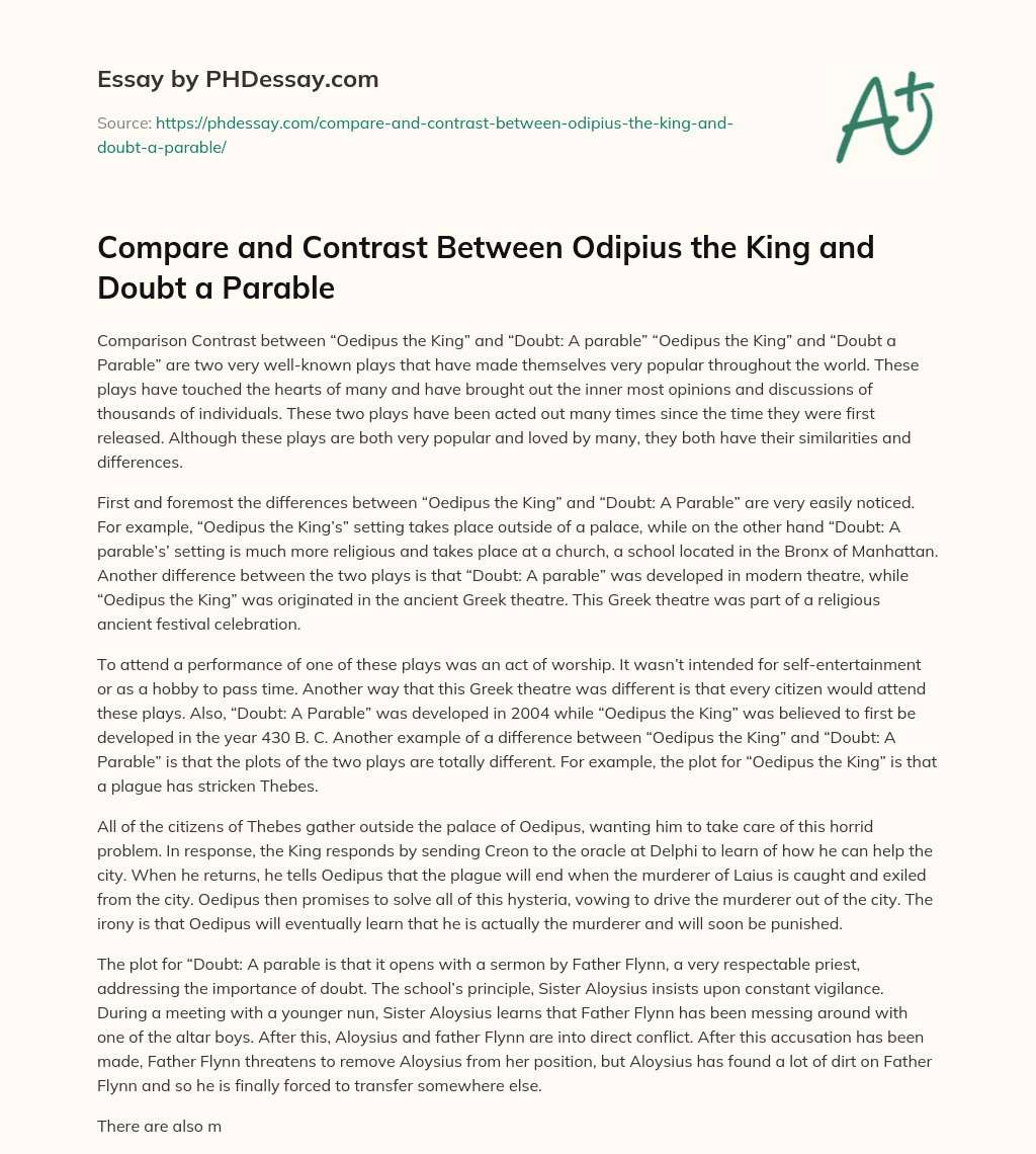 Compare and Contrast Between Odipius the King and Doubt a Parable essay