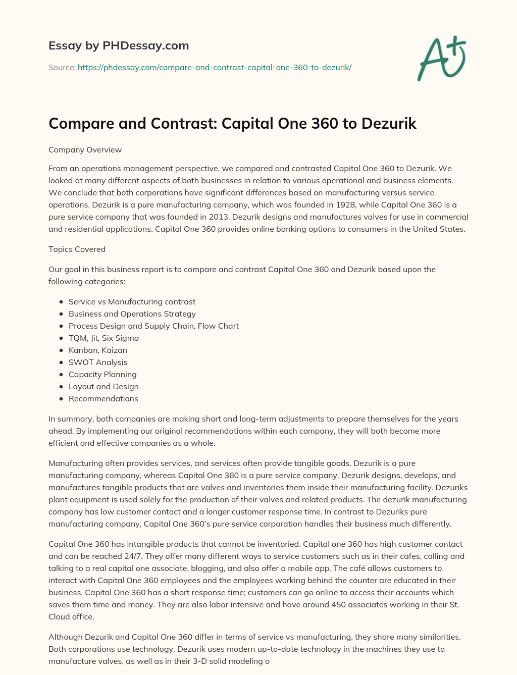 Compare and Contrast: Capital One 360 to Dezurik essay