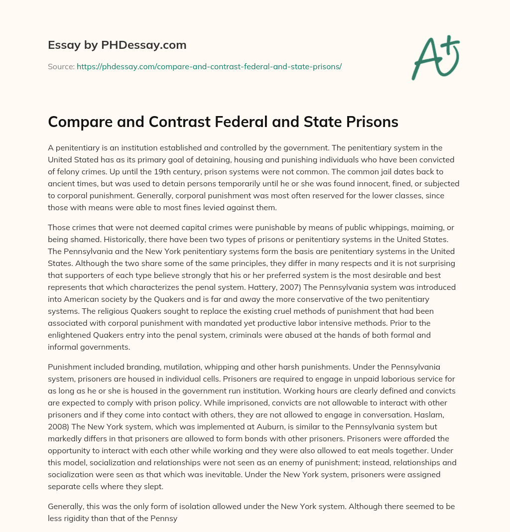 Compare and Contrast Federal and State Prisons essay