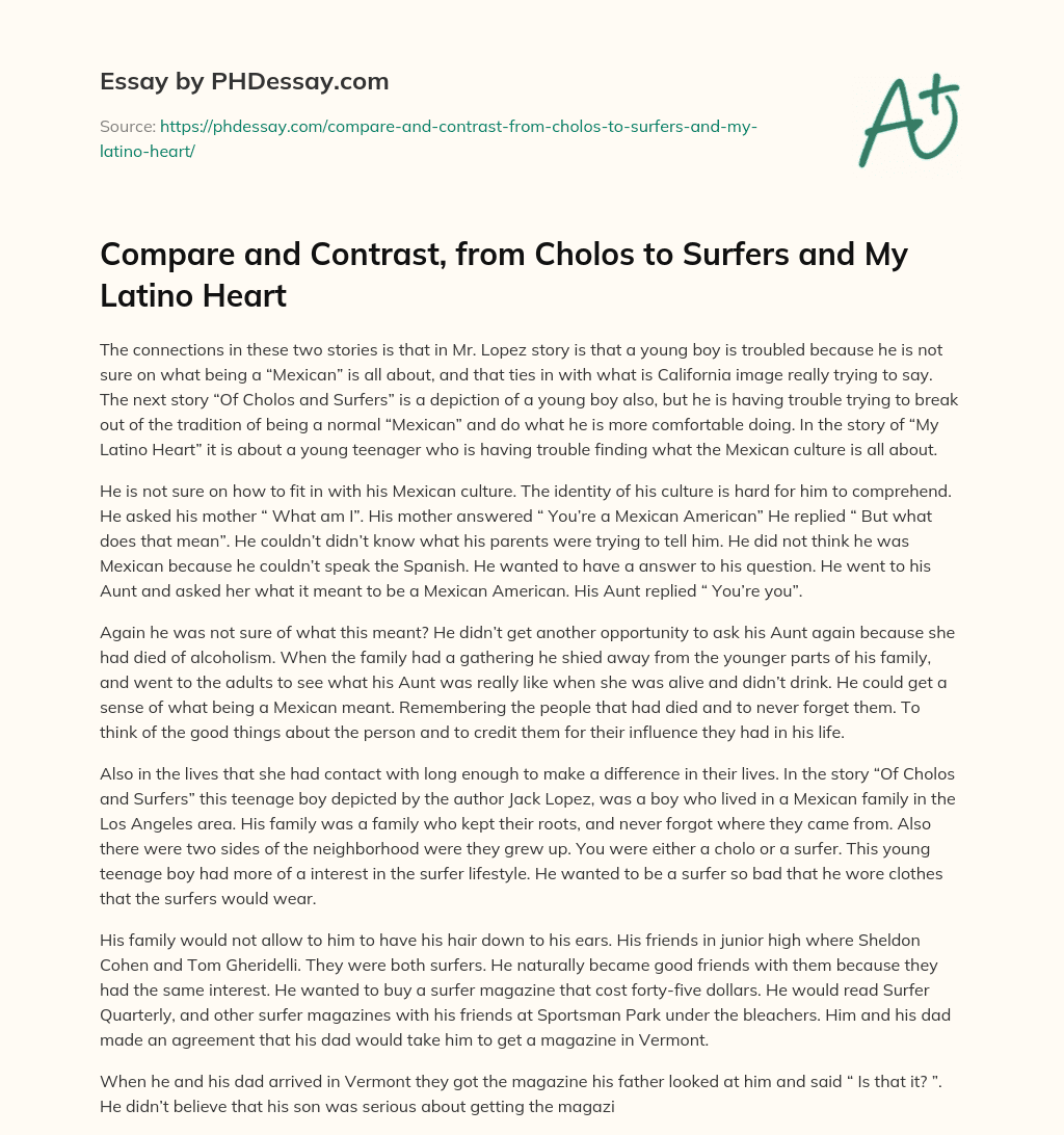 Compare and Contrast, from Cholos to Surfers and My Latino Heart essay