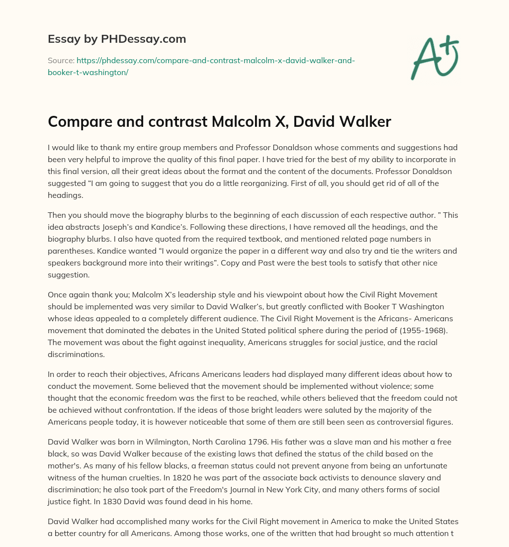 Compare and contrast Malcolm X, David Walker essay