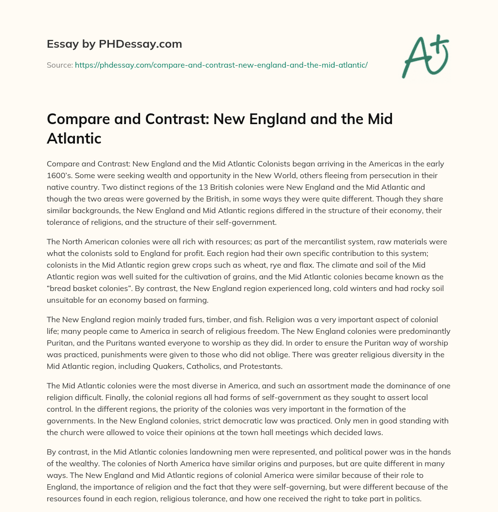 Compare and Contrast: New England and the Mid Atlantic essay
