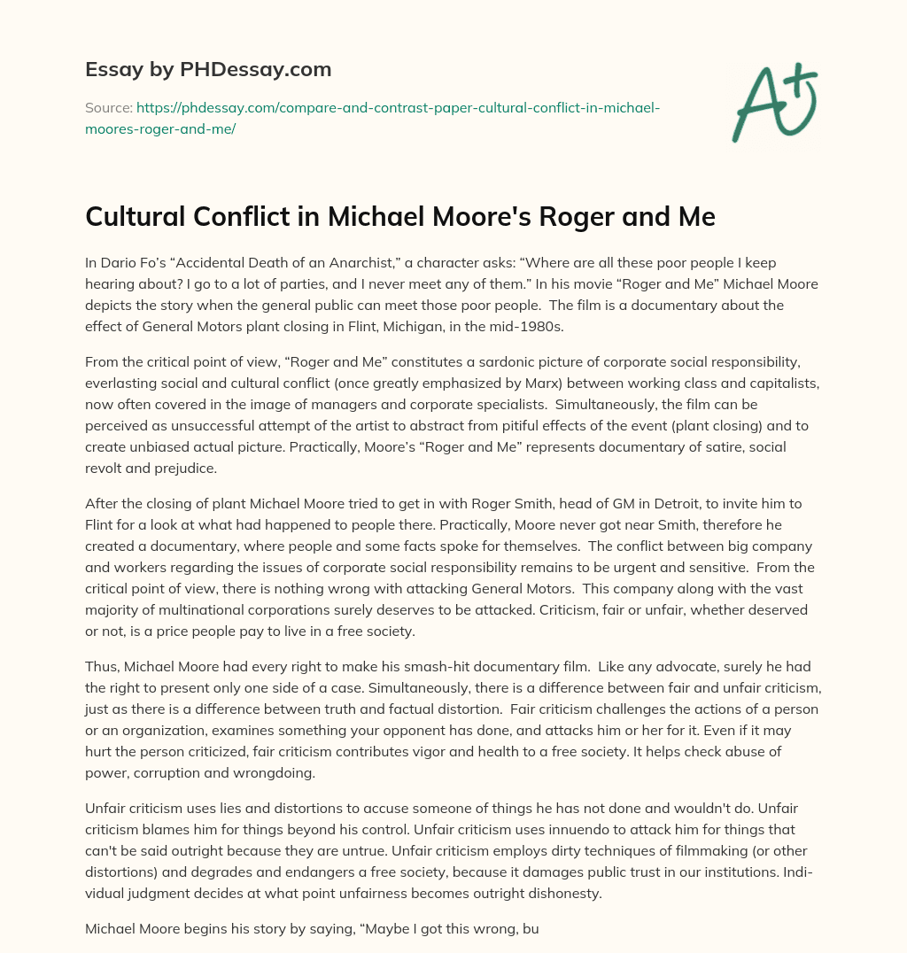 Cultural Conflict in Michael Moore’s Roger and Me essay