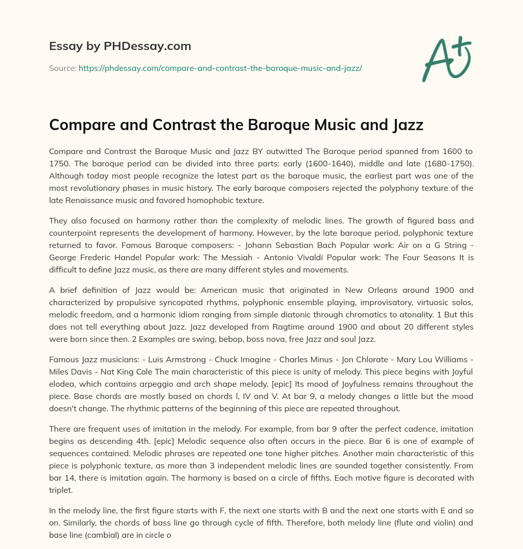 Compare and Contrast the Baroque Music and Jazz essay