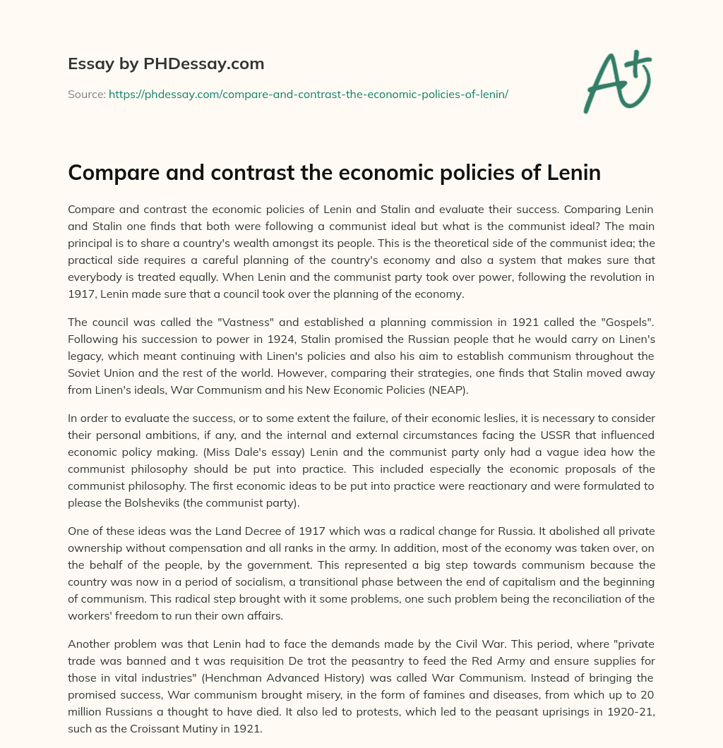 Compare and contrast the economic policies of Lenin essay
