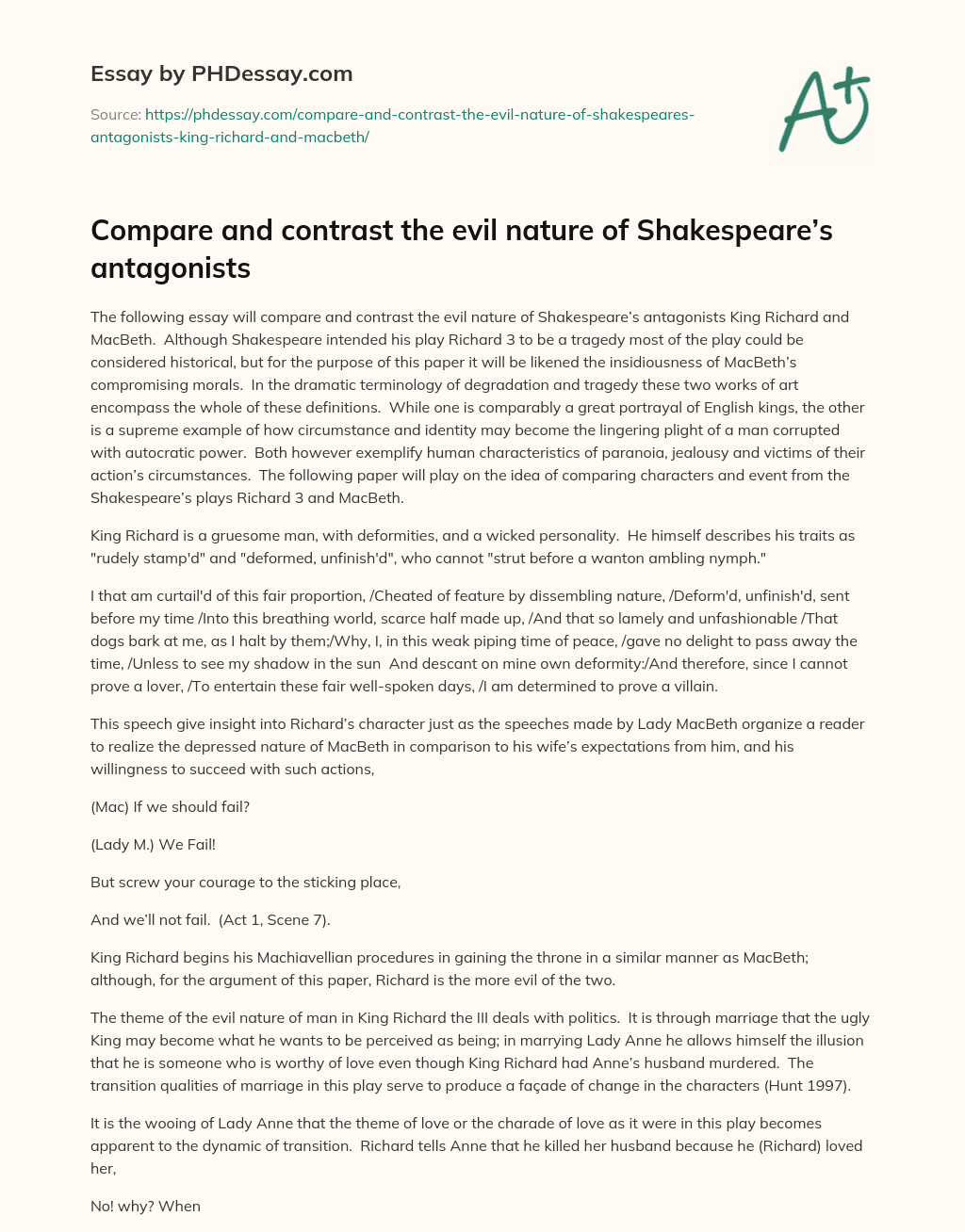 Compare and contrast the evil nature of Shakespeare’s antagonists essay