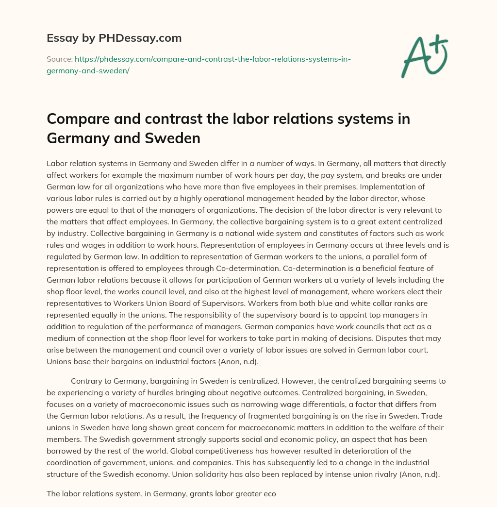 Compare and contrast the labor relations systems in Germany and Sweden essay