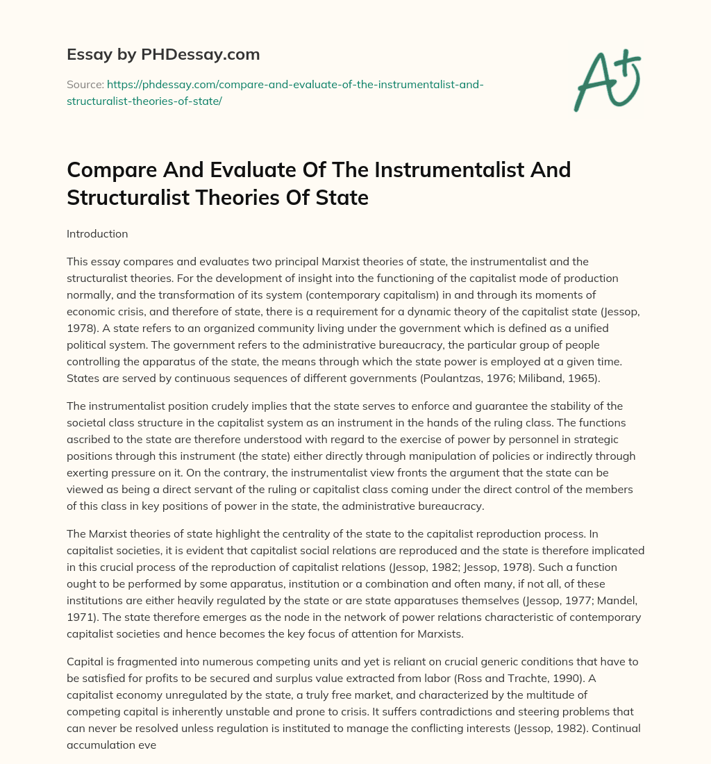 Compare And Evaluate Of The Instrumentalist And Structuralist Theories Of State essay
