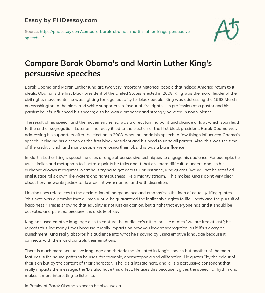 Compare Barak Obama’s and Martin Luther King’s persuasive speeches essay