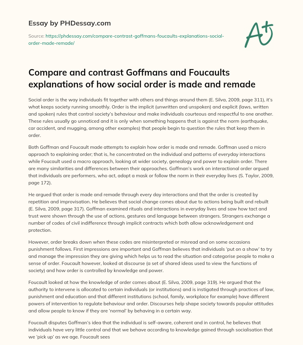 The Importance of Social Order and the Approaches of Goffman and Foucault essay