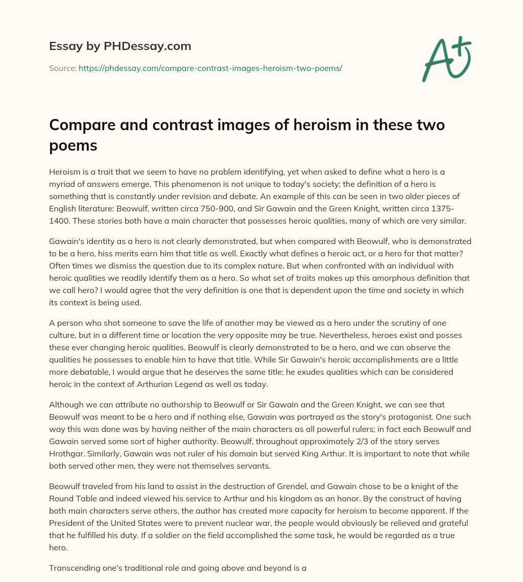 Compare and contrast images of heroism in these two poems essay