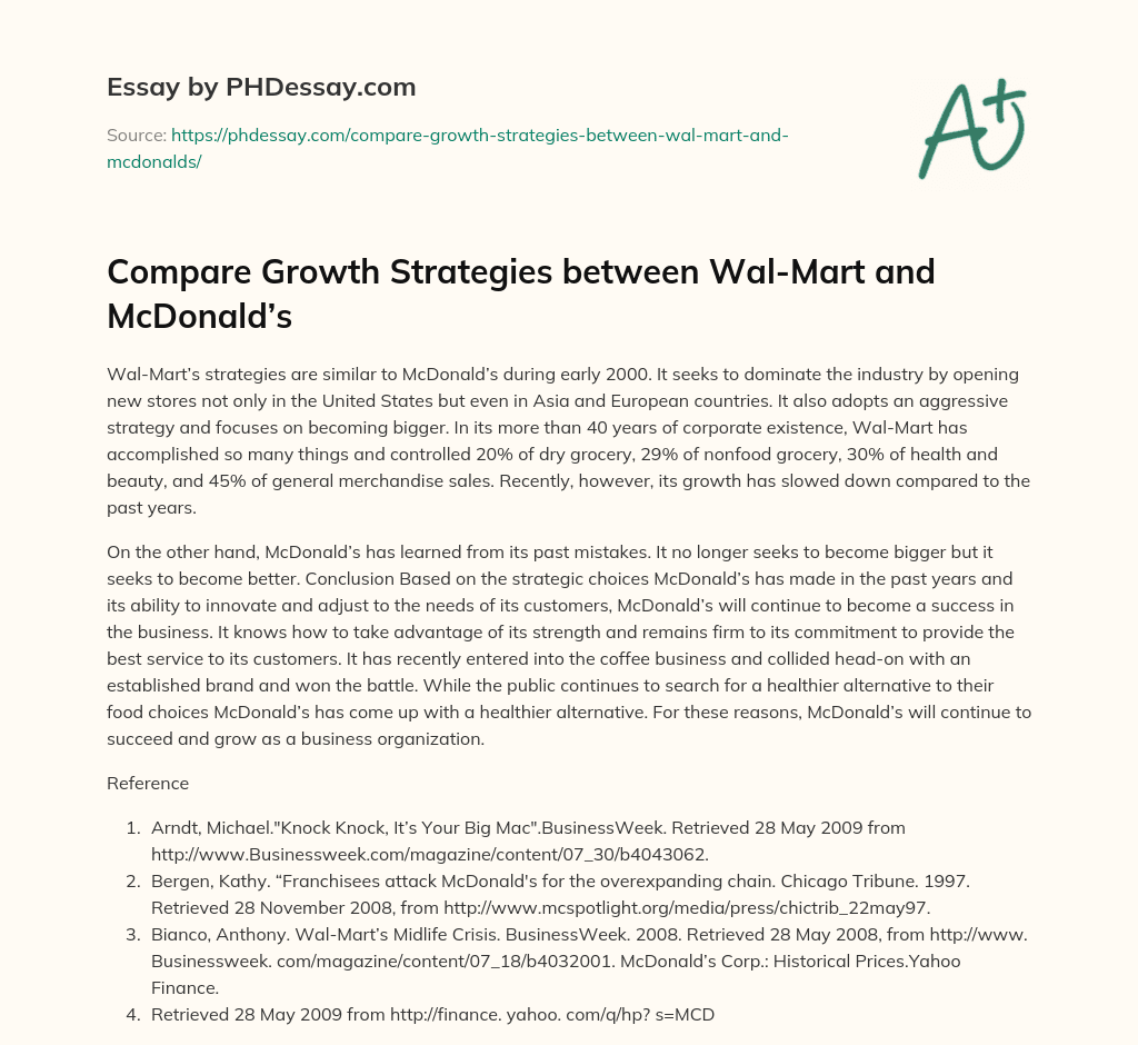 Compare Growth Strategies between Wal-Mart and McDonald’s essay