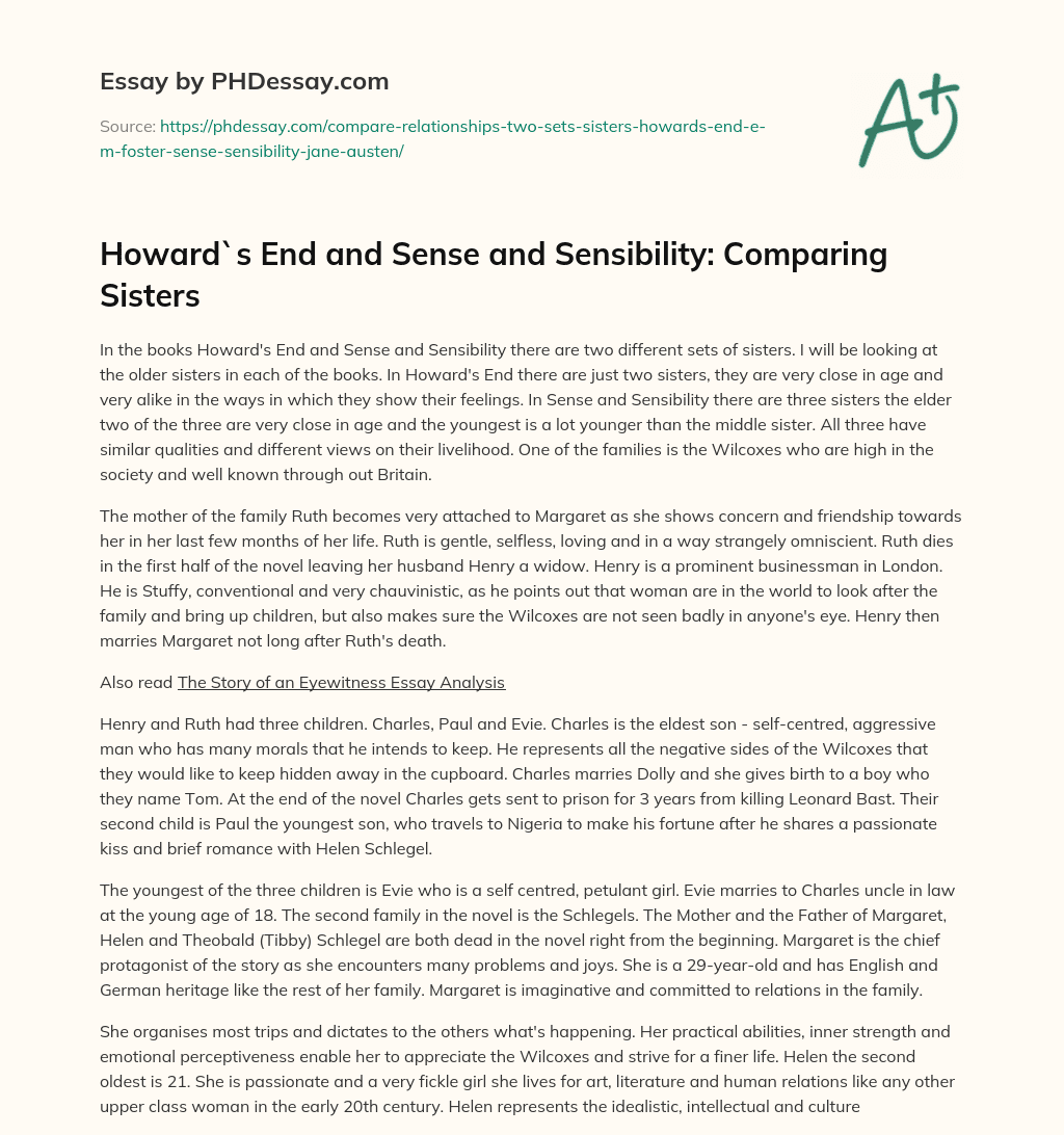 Howard`s End and Sense and Sensibility: Comparing Sisters essay
