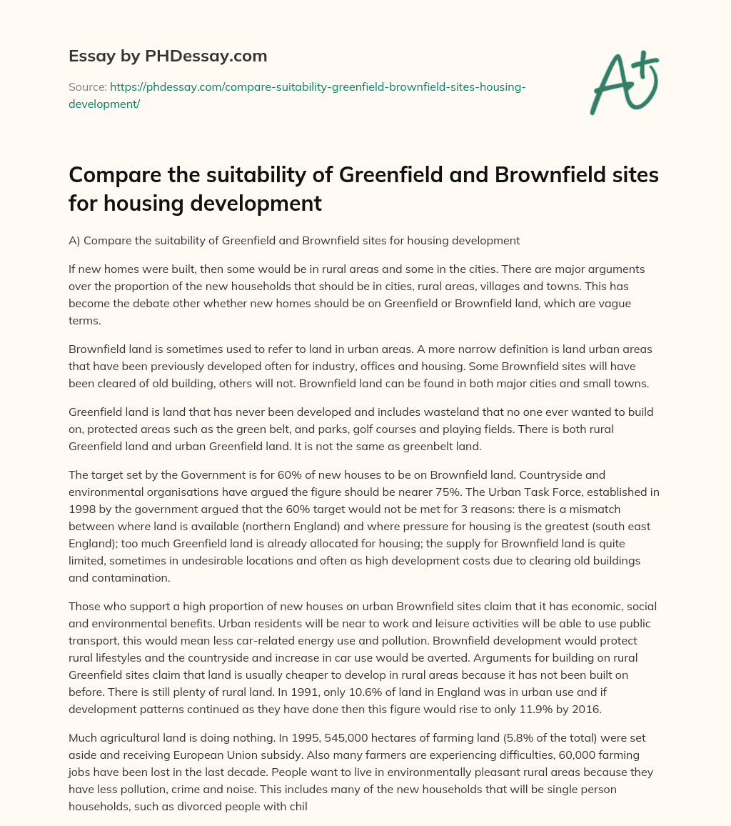 Compare the suitability of Greenfield and Brownfield sites for housing development essay