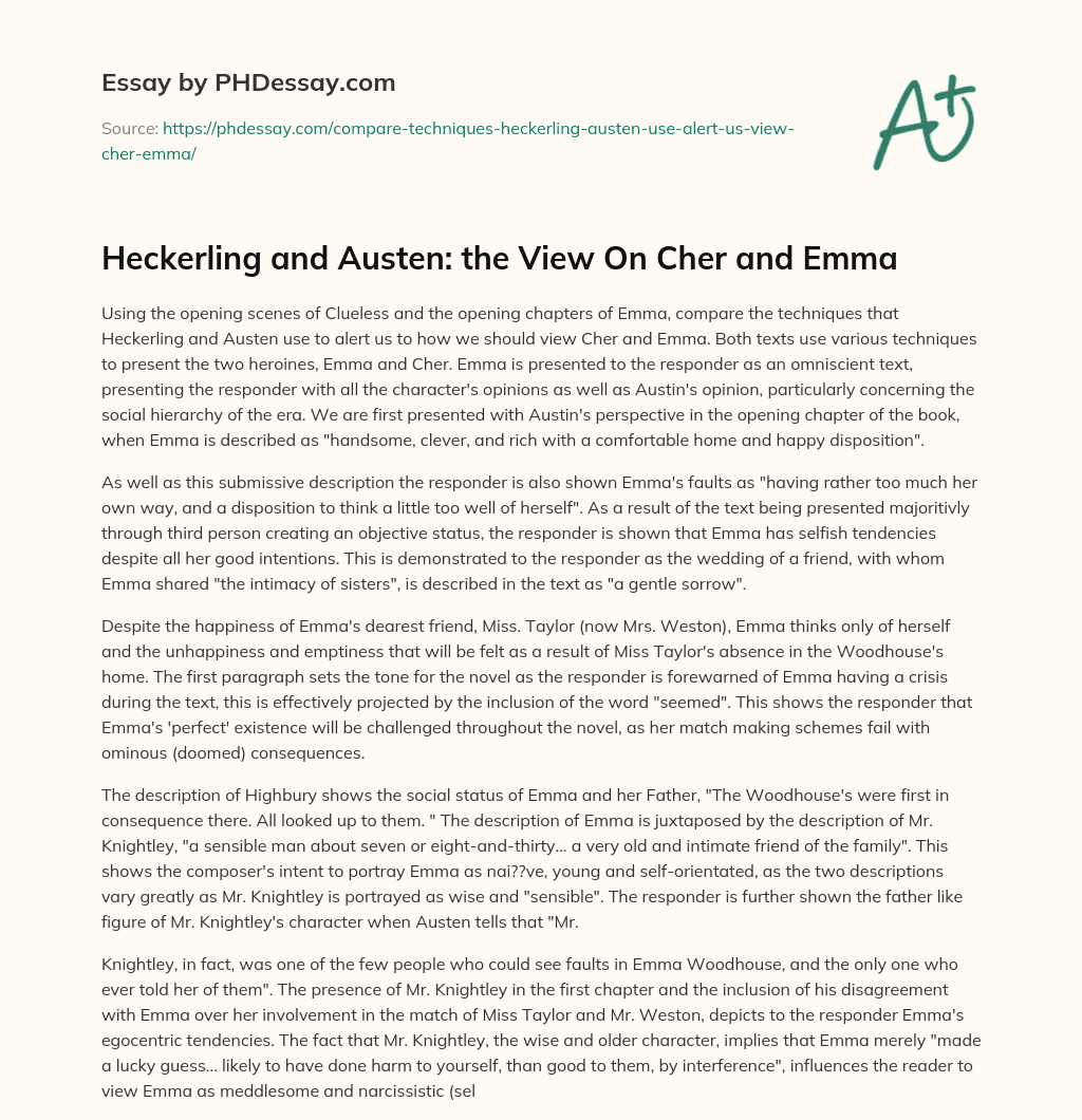 Heckerling and Austen: the View On Cher and Emma essay