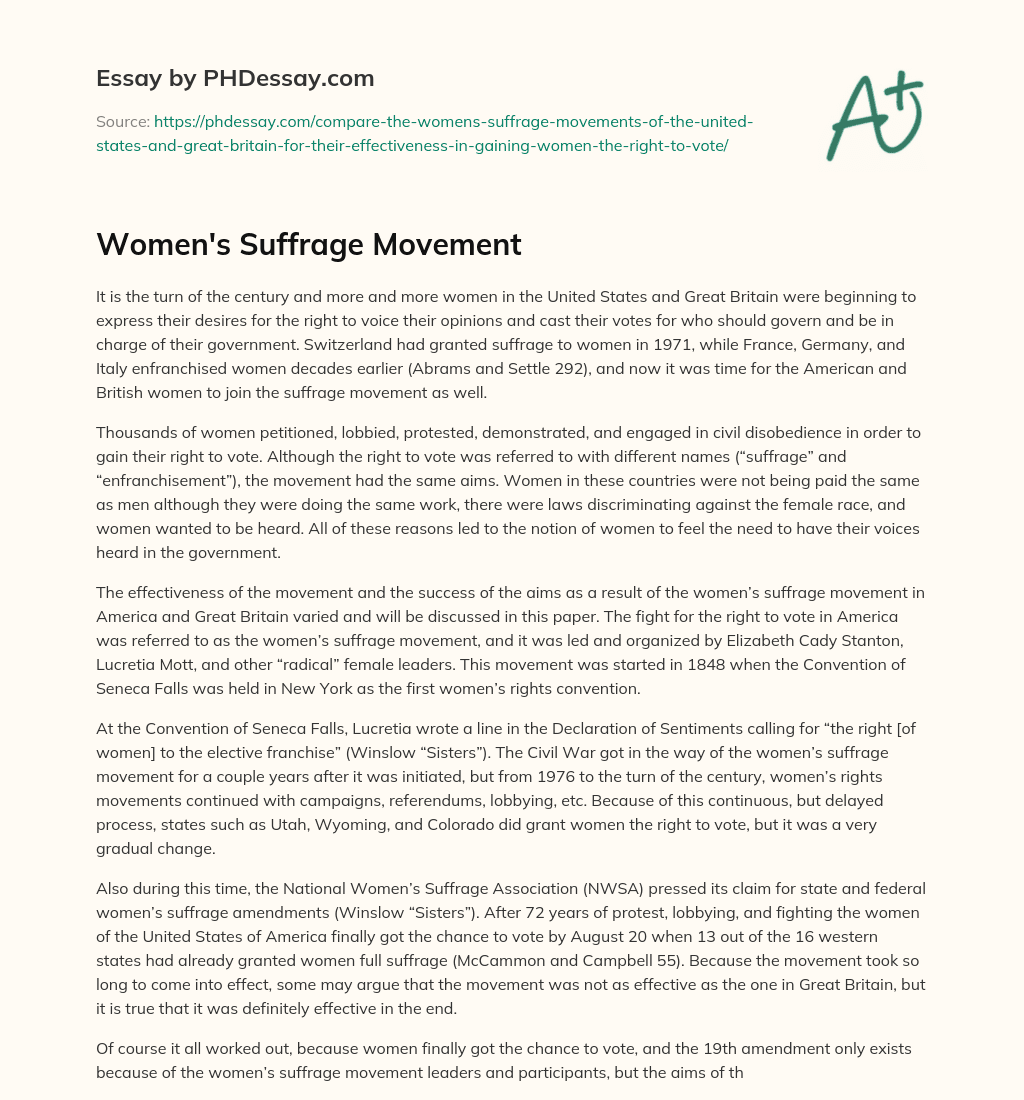 Women’s Suffrage Movement essay